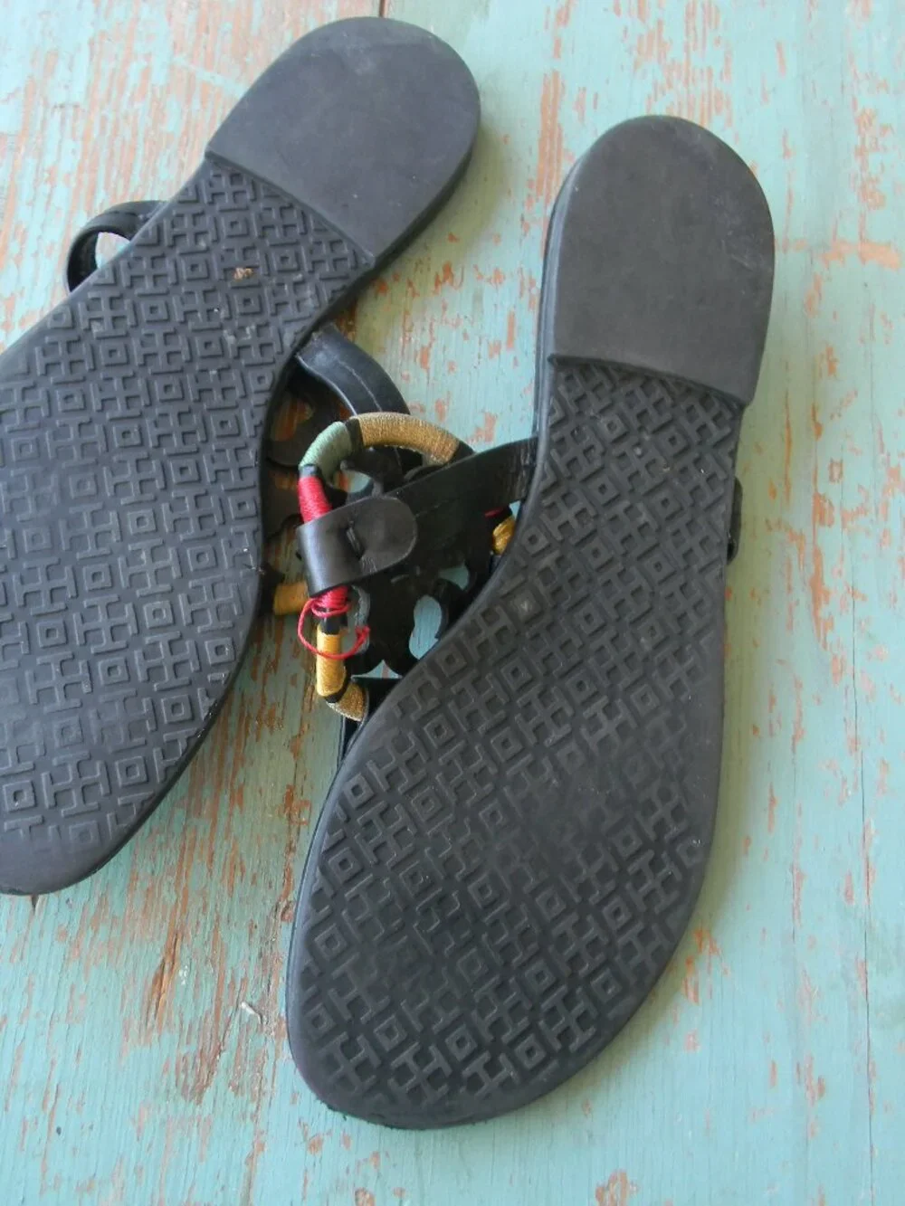 Tory Burch Embroidered Rainbow BLACK LEATHER Miller Sandals  Size 9M